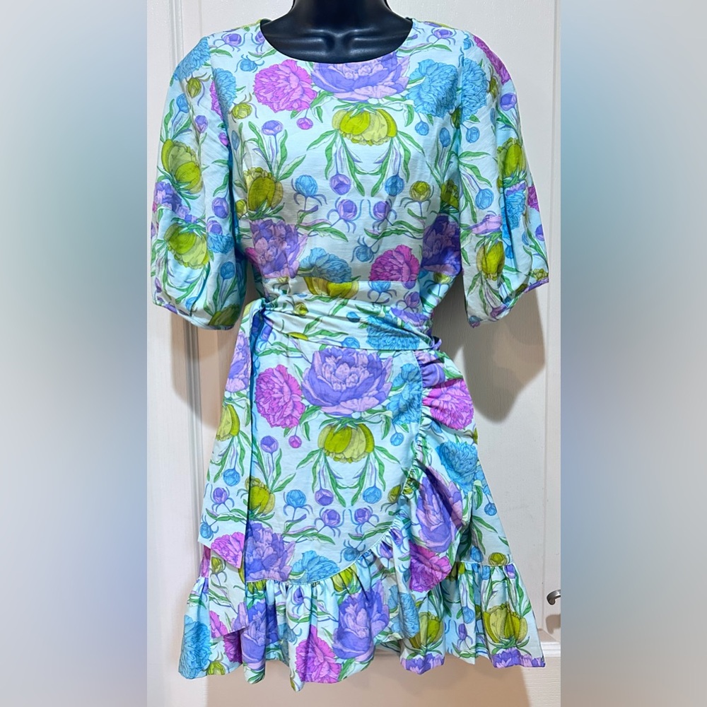 Emily McCarthy Floral Print Puff Sleeve side tie Dress size S - Picture 4 of 7